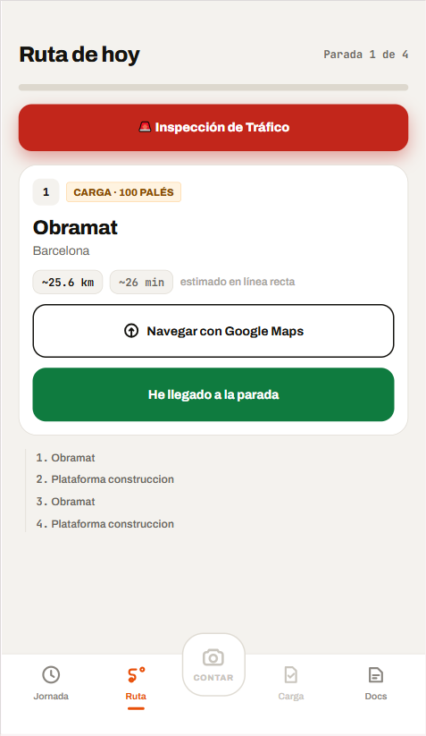 Ruta del día del chófer en la app palet.pro