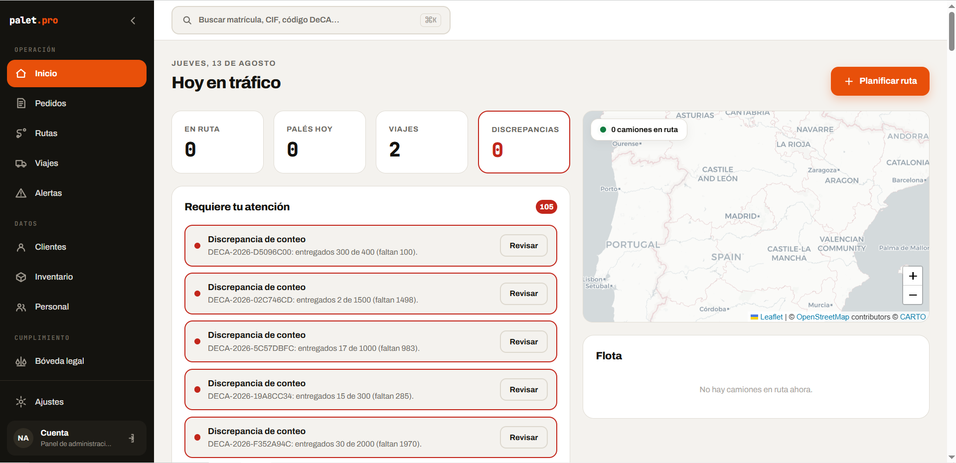 Panel de flota de palet.pro con viajes y palés en vivo
